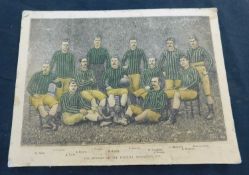 Victorian hand coloured print mounted on card, Aston Villa 1886-87 FA Cup winners portraying the