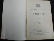 KELLYS DIRECTORY OF NORFOLK, 1908, lacks map, original blind stamped cloth gilt, worn and soiled