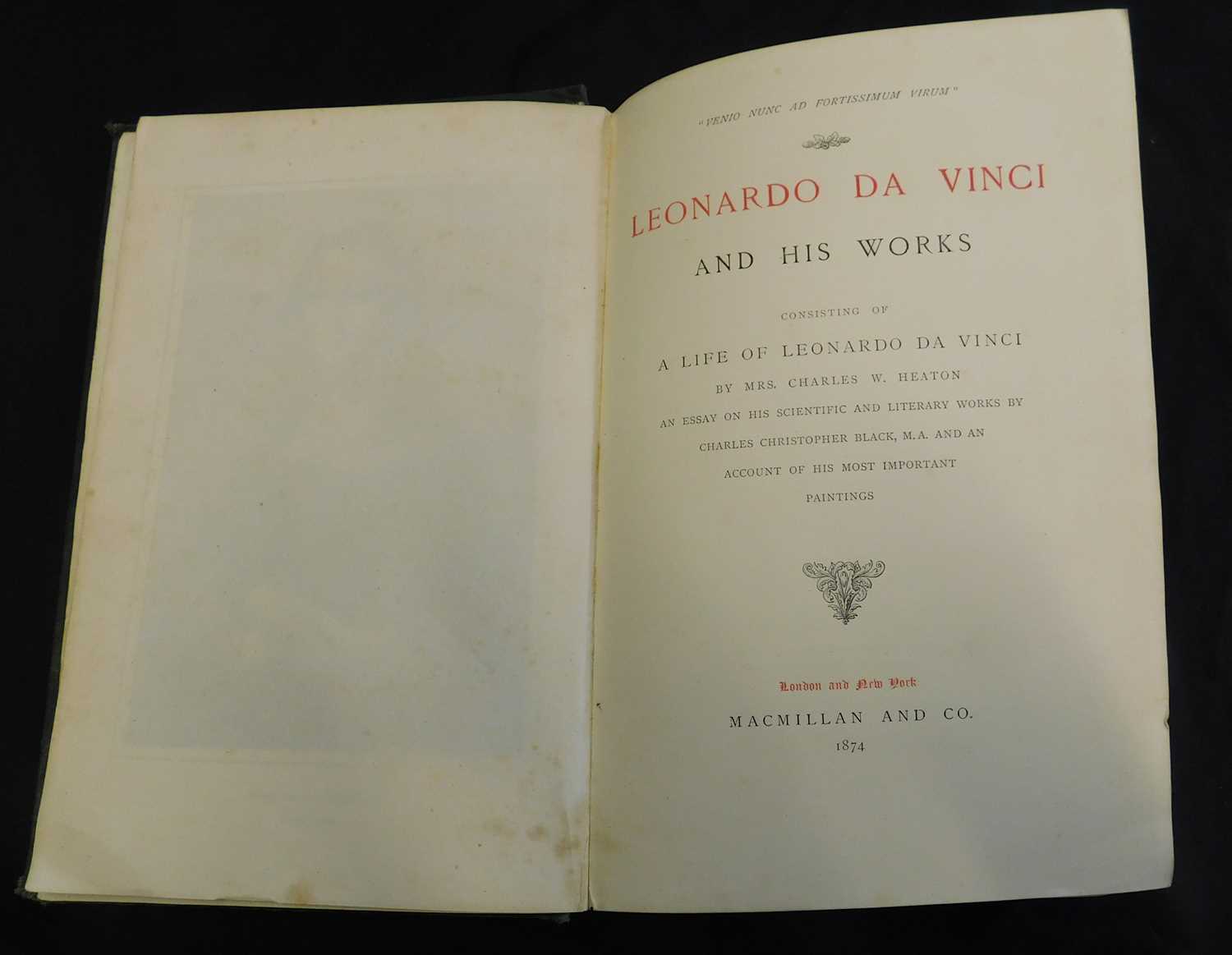 MRS CHARLES W HEATON: LEONARDO DA VINCI AND HIS WORKS, London and New York, MacMillan, 1874, 1st - Image 2 of 2