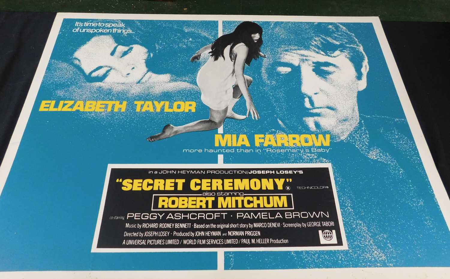 SECRET CEREMONY, coloured film poster starring Elizabeth Taylor, Mia Farrow and Robert Mitchum, laid