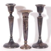 Mixed Lot: pair of silver candlesticks, the tapering columns with fluted decoration, to a loaded