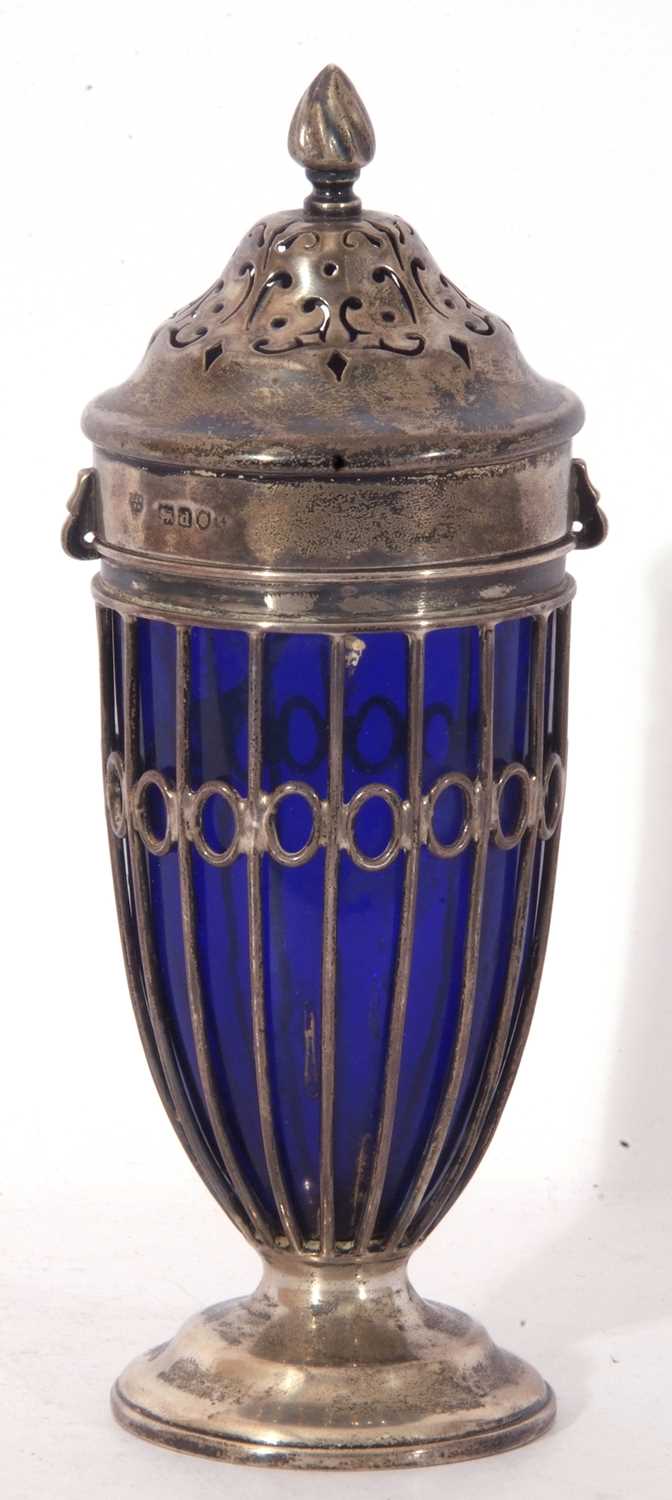 Late Victorian silver and blue glass liner sugar caster of urn shape, with a lancet type pull off - Image 2 of 4