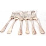 Matched set of six Georgian silver Old English table forks, mixed dates and makers, 380gms