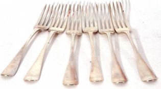 Matched set of six Georgian silver Old English table forks, mixed dates and makers, 380gms