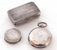 Mixed Lot: small George III silver box of hinged rectangular form decorated with ribbed detail,