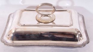 Silver plated entree dish of rectangular shape, gadrooned rims with detachable handle by Walker &