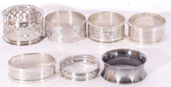 Mixed Lot of seven hallmarked silver serviette rings, various dates and makers, 101.4gms (7)