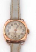 Early 20th century gent's 9ct gold wrist watch, features a waffle style dial, blue luminous hands