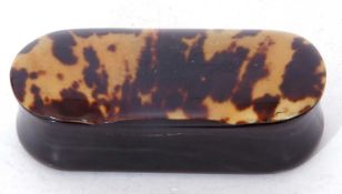 Small 19th century tortoiseshell mounted snuff box of hinged oval form, 8cm wide