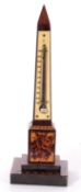 Small Tunbridge ware obelisk mounted with a mercury thermometer, 19cm high