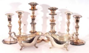 Box of plated wares to include a set of four candlesticks of octagonal form, with detachable