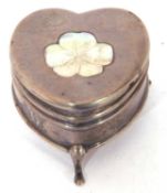 George V heart shaped dressing table trinket box of hinged form, the lid decorated with a mother