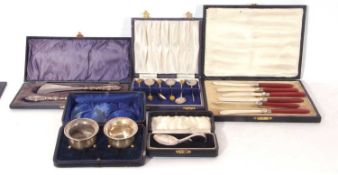 Mixed Lot: cased pair of cauldron salts, Birmingham 1912, a cased silver baby's christening spoon,