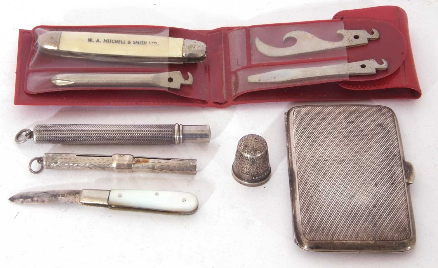 Mixed Lot: small Chester hallmarked silver cigarette case, propelling pencils, vintage multi-tool