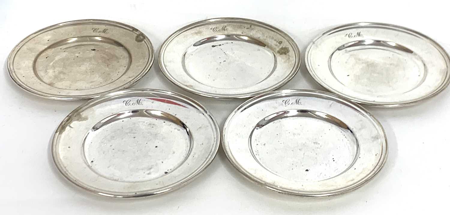 Five Gorham sterling silver shallow dishes, each monogrammed to edge C.M., 15cm diam, 385gms