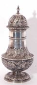 Large Victorian silver sugar sifter with foliate embossed pattern throughout, the pull off pierced