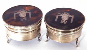 Two silver and tortoiseshell circular jewellery boxes, each with hinged tortoiseshell lid with a