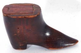 Small 19th century softwood novelty snuff box in the form of a boot, fitted with a slide-off lid,