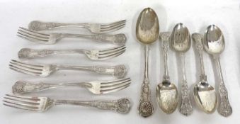 Six Victorian Kings pattern table forks, four Victorian dessert spoons and a Georgian table spoon,