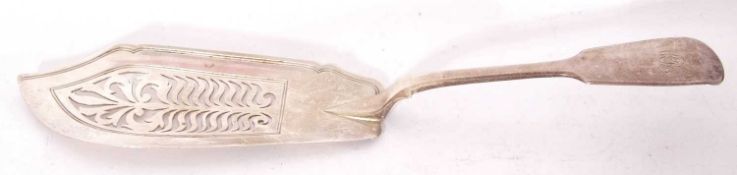 Victorian silver fish slice, the Fiddle pattern handle engraved with a monogram, the slice has a