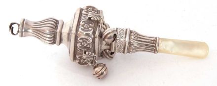 Edward VII silver and mother of pearl mounted combination baby's rattle and teether, makers