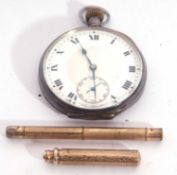 White metal pocket watch, stamped to case interior 925, Swiss made movement, white enamel dial