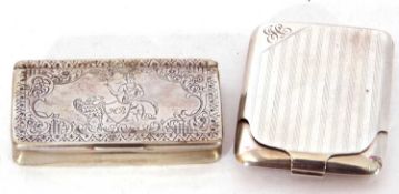 Mixed Lot: small 19th century white metal snuff box of hinged rectangular form, the lid decorated