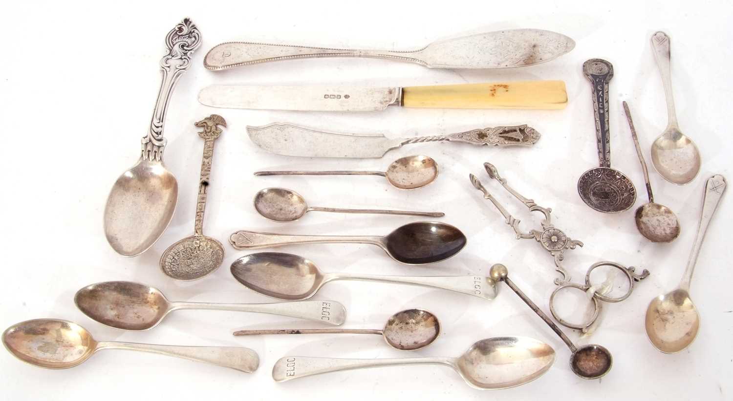 Mixed Lot: Victorian silver butter knife and ornate silver dessert spoon, six silver tea spoons,