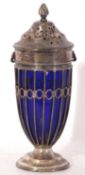 Late Victorian silver and blue glass liner sugar caster of urn shape, with a lancet type pull off