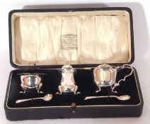 Cased George V three piece condiment set comprising mustard, pepper, and cauldron salt and liner,