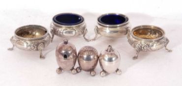 Mixed Lot: three Victorian silver cauldron salts with beaded rims and floral decorated borders,