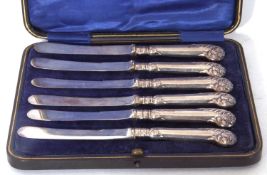 Cased set of six Edwardian silver handled pistol grip knives, Sheffield 1906, maker's mark Alfred