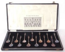 Cased set of 13 copies of Elizabethan seal top spoons, representing the apostles, London 1962,