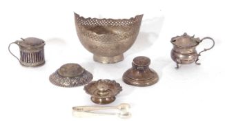 Mixed Lot: Victorian silver framed pin cushion, Sheffield 1900, 8cm diam, 2 silver mustards (a/f), a