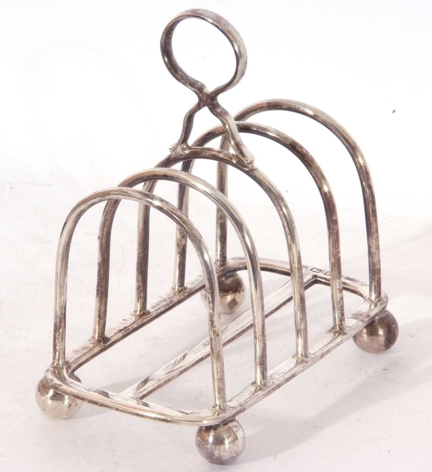 Heavy gauge George V toast rack, having five wire work hooped bars to a rectangular base with - Image 2 of 3