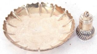 Elizabeth II small circular dish with segmented edge and plain centre, specimen hallmarks under