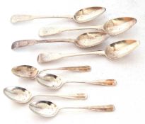 Mixed Lot: four Georgian Fiddle pattern tea spoons including a Newcastle example and four coffee