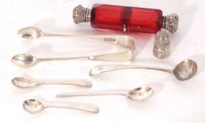 Mixed Lot: a cranberry glass double ended scent bottle with unmarked embossed silver caps,