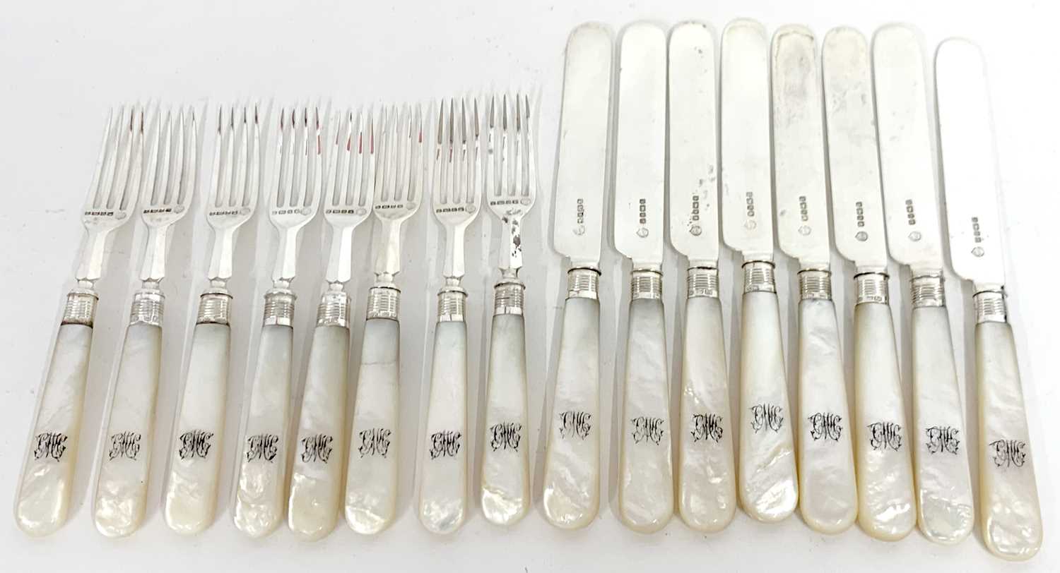 Victorian 8-piece set of mother of pearl handled silver dessert knives and forks, each handle with