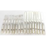 Victorian 8-piece set of mother of pearl handled silver dessert knives and forks, each handle with