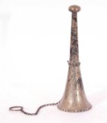 Late Victorian foliate engraved posy holder of horn form with chain holder, 14cm tall, 4.5cm diam at