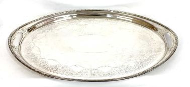 Late 19th century Elkington & Co silver plated large oval twin handled tray of round navette form,