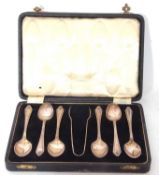 Cased set of six silver tea spoons and matching tongs, Birmingham 1934, maker's mark the Purcell