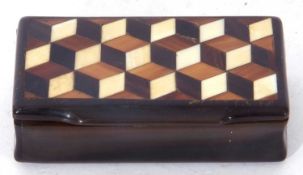 Small 19th century horn snuff box of hinged rectangular form, the lid decorated with a geometric