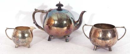 Three piece silver plated tea set comprising a globular shaped tea pot, twin handled sugar bowl
