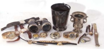 Mixed Lot: a silver plated pint tankard, a pair of vintage cased binoculars, plated campana shaped