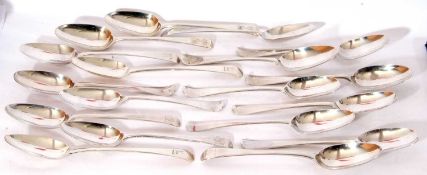 18 Georgian Old English and Hanoverian table spoons, various dates and makers, g/w 1122gms