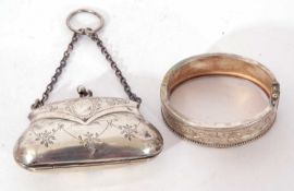 Mixed Lot: a silver purse formed as a handbag, bearing hallmarks Birmingham 1918, together with a