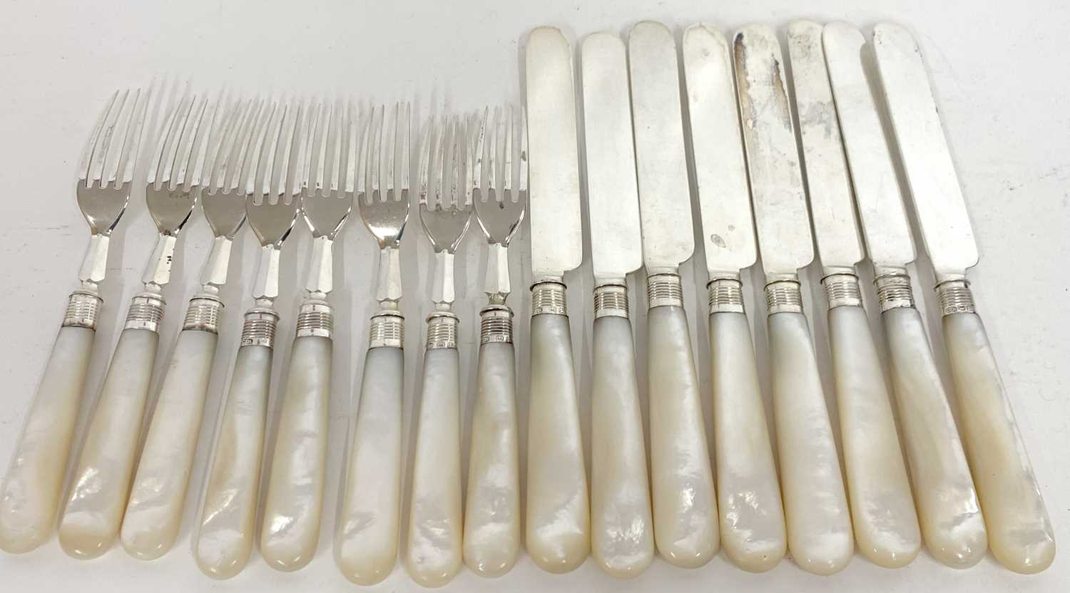 Victorian 8-piece set of mother of pearl handled silver dessert knives and forks, each handle with - Image 6 of 6