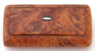 Small 19th century burr wood snuff box of hinged rectangular form, 8cm wide